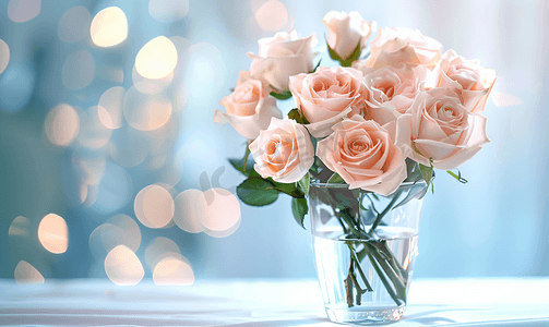 白色花瓣婚礼摄影照片_宴会桌上的玻璃花瓶里有一束美丽的白粉色玫瑰
