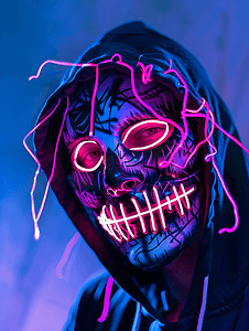 派对机器人摄影照片_霓虹灯发光面具可怕的脸怪物