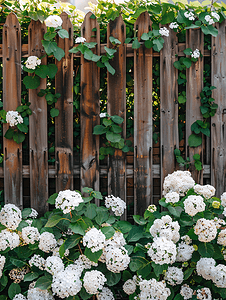 植物篱笆摄影照片_装饰木栅栏和白色绿色灌木