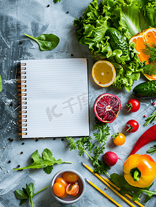 新鲜沙拉蔬菜和水果与笔记本和铅笔