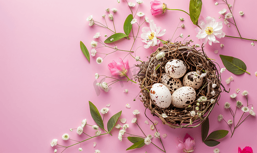 天然巢穴中的快乐复活节鹌鹑蛋和粉红色背景顶视图上的花束