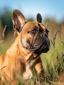 阳光明媚的日子里一只法国斗牛犬的特写肖像