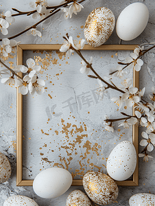灰色背景中金色和木框背景上的复活节彩蛋