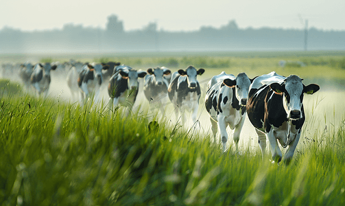奶牛和草垛摄影照片_奶牛在草原上奔跑