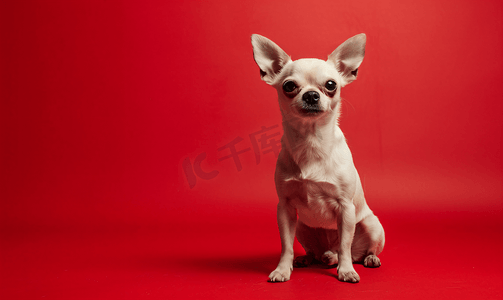奇瓦瓦是一只坐在红色背景上的小狗