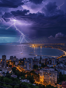 保加利亚瓦尔纳上空的风暴伴随着令人惊叹的闪电和闪光