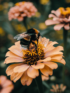 大紫色摄影照片_夏季花园中百日草花上的大黄蜂