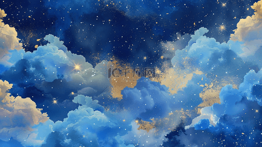 科技线天空背景图片_绘画手绘风格蓝色天空云朵星星的背景图