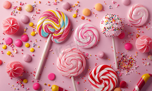 粉红色背景中的甜棒棒糖和糖果