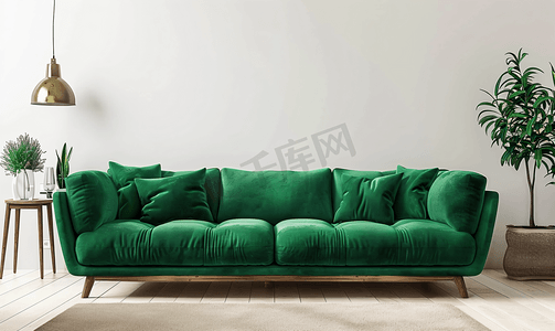 商务简约绿色摄影照片_模型客厅内部配有绿色沙发、空奶油色墙背景