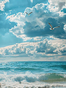 蓝色的海滩和多云的天空飞翔的海鸥海景