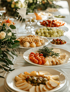 婚礼上节日宴会桌上白盘上的小吃