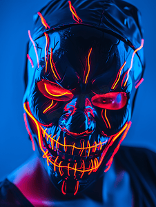 面具恐怖摄影照片_霓虹灯发光面具可怕的脸怪物