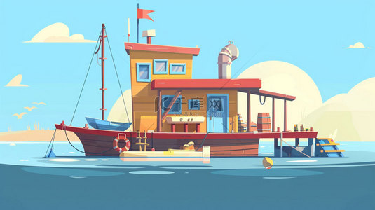港口轮船卡通合成创意素材背景