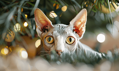 猫节日摄影照片_圣诞树树枝下躺着黄色大眼睛的斯芬克斯猫