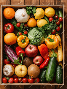 旧木质背景上装有蔬菜和水果的盒子顶视图平躺