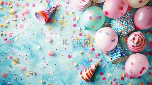 欢乐文艺聚会节日气球彩带庆祝礼帽的背景图