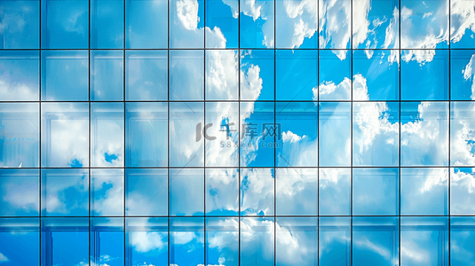 城市写字楼平面玻璃上蓝天白云的背景图