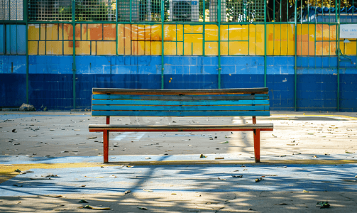五人制足球场背景中的木制长凳座椅