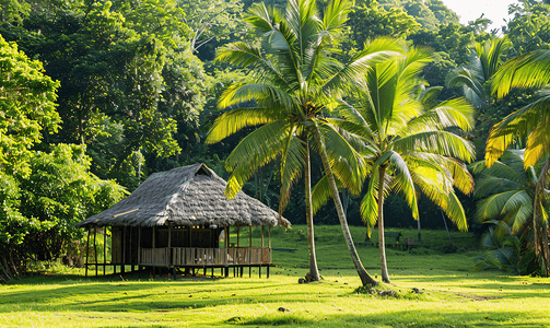 热带自然中的棚屋丛林中被绿色棕榈树环绕的避难所