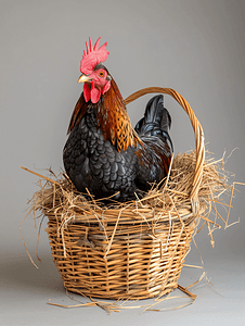 母鸡公鸡坐在柳条篮里里面装着干草
