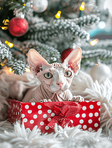 礼物的圣诞树摄影照片_可爱的斯芬克斯猫躺在圣诞树下的红色圆点礼盒里看着相机