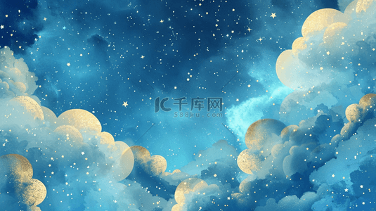 绘画蓝色手绘风格天空云朵星星的背景图