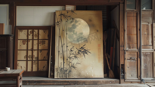 古风画板竹子月亮摄影照片