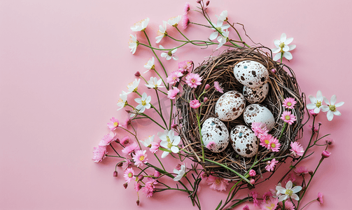 活动首摄影照片_天然巢穴中的快乐复活节鹌鹑蛋和粉红色背景顶视图上的花束