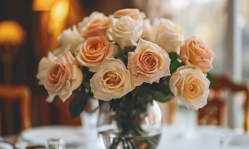 宴会桌上的玻璃花瓶里有一束美丽的白粉色玫瑰