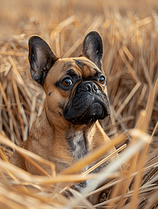 干草背景上狗的肖像法国斗牛犬幼虎颜色动物宠物