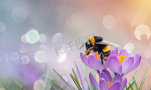 早春一只大黄蜂从番红花中采集花粉