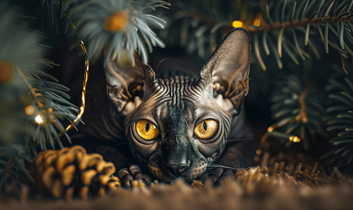 圣诞树树枝下躺着黄色大眼睛的斯芬克斯猫