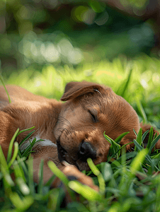 睡在草本植物地板上的棕色小狗