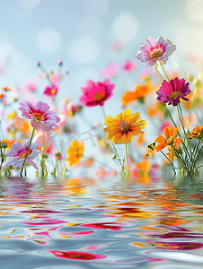 抽象花背景花与彩色滤光片阳光在水面上