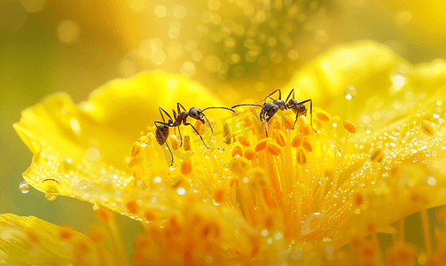 蚂蚁在黄花上行走的宏观照片