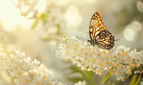 春天棕色的蝴蝶坐在白色的金合欢花上