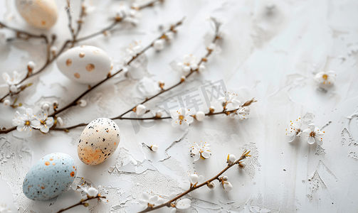 质朴的白色桌子上的复活节彩蛋和柳花