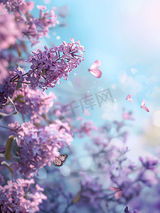 龙在天上飞摄影照片_梦幻花卉春季背景蓝天上的淡紫色花朵和蝴蝶