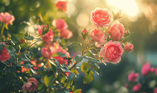 夏日花园里盛开的粉红玫瑰丛