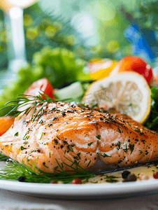 健康均衡膳食午餐盘烤鲑鱼