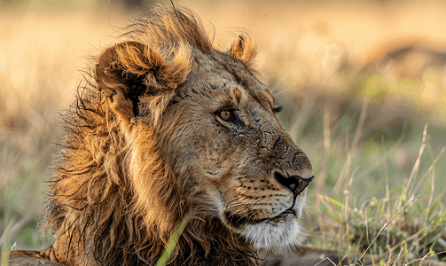 一只雄狮的肖像侧面照它坐在那里全神贯注地凝视着远方