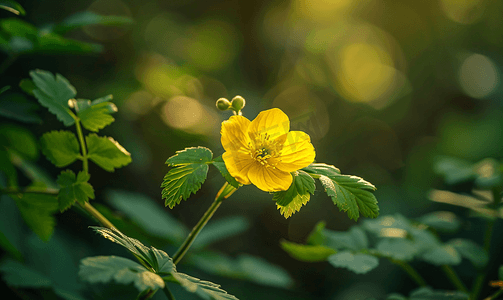 春夏甜品背景摄影照片_在温暖的午后阳光下黄色的春花在绿叶的背景下