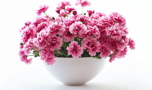 植物文字设计摄影照片_花束鲜花插在白花瓶里石竹日光