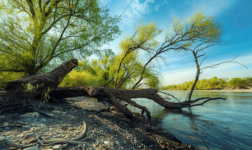 黄色树桩摄影照片_河岸上倒塌的树木