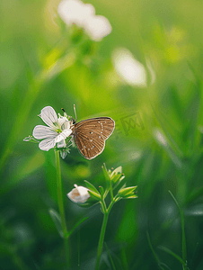 小棕色蝴蝶坐在绿草中的白花上