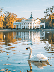 波兰华沙瓦津基克罗列夫斯基皇家浴场公园岛上的天鹅与宫殿
