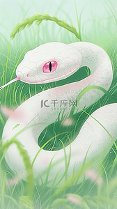 小青背景图片_清新新年青绿色花草丛里卡通小白蛇背景
