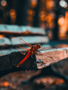 红蜻蜓在公园的木凳上休息宏观