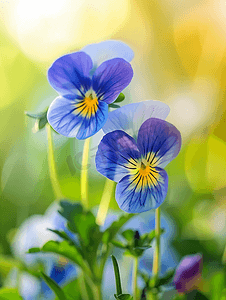 三色堇黄色摄影照片_夏日花园中的蓝色三色堇或三色堇